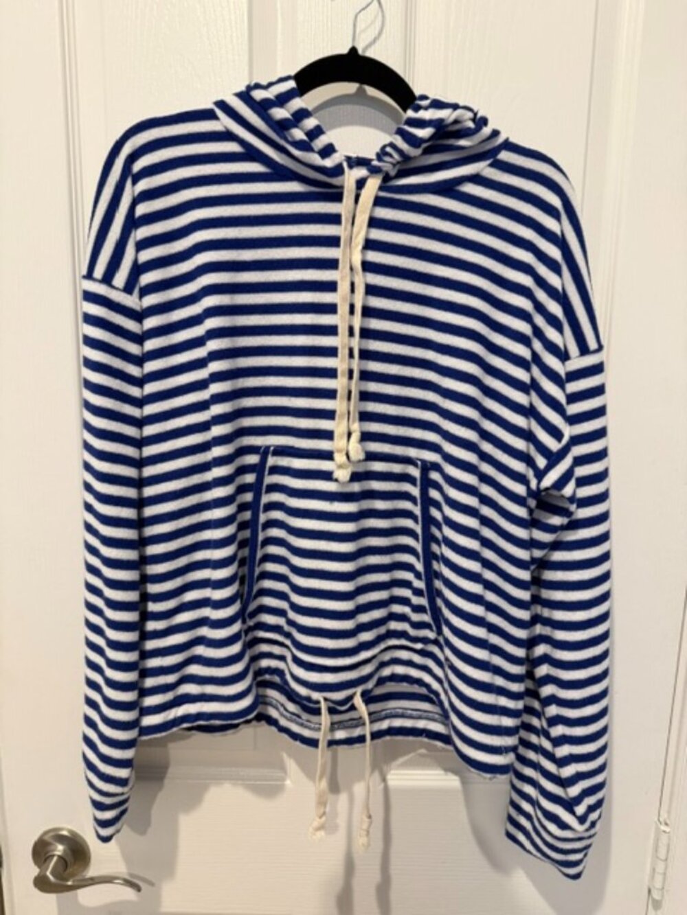 J.Crew Weekend XL Blue White Striped Terry Hoodie Coastal Nautical Pullover